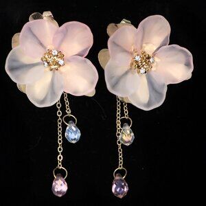 Blush Pink Frosted Flower Dangle Earrings | Gold Tone Cherry Blossom Floral Drop